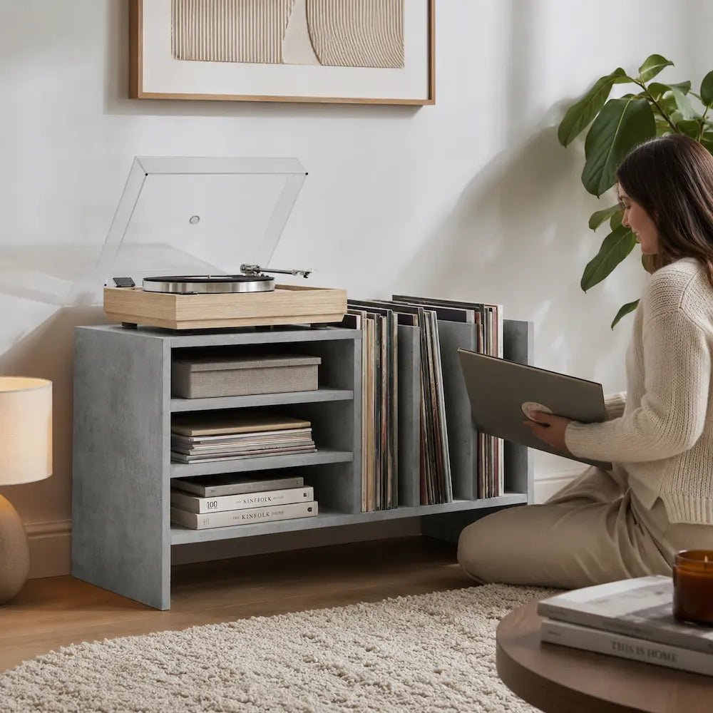 Meuble vinyle pour platine - Gris béton - 78,5 x 35 x 45 cm