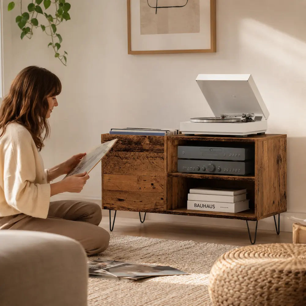 Meuble vinyle pour platine - Vieux bois - 84,5 x 38 x 48 cm