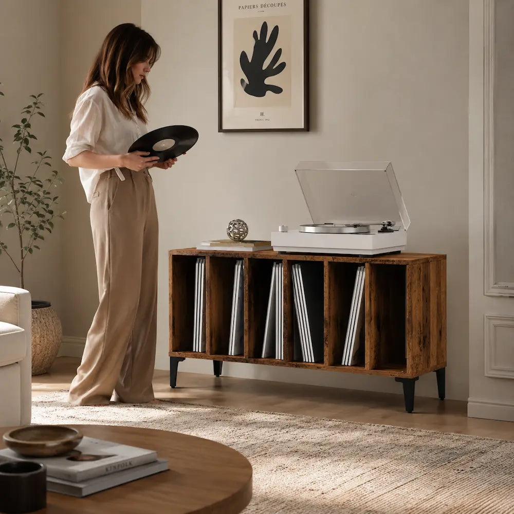 Meuble vinyle pour platine - Vieux bois - 100 x 38 x 48 cm