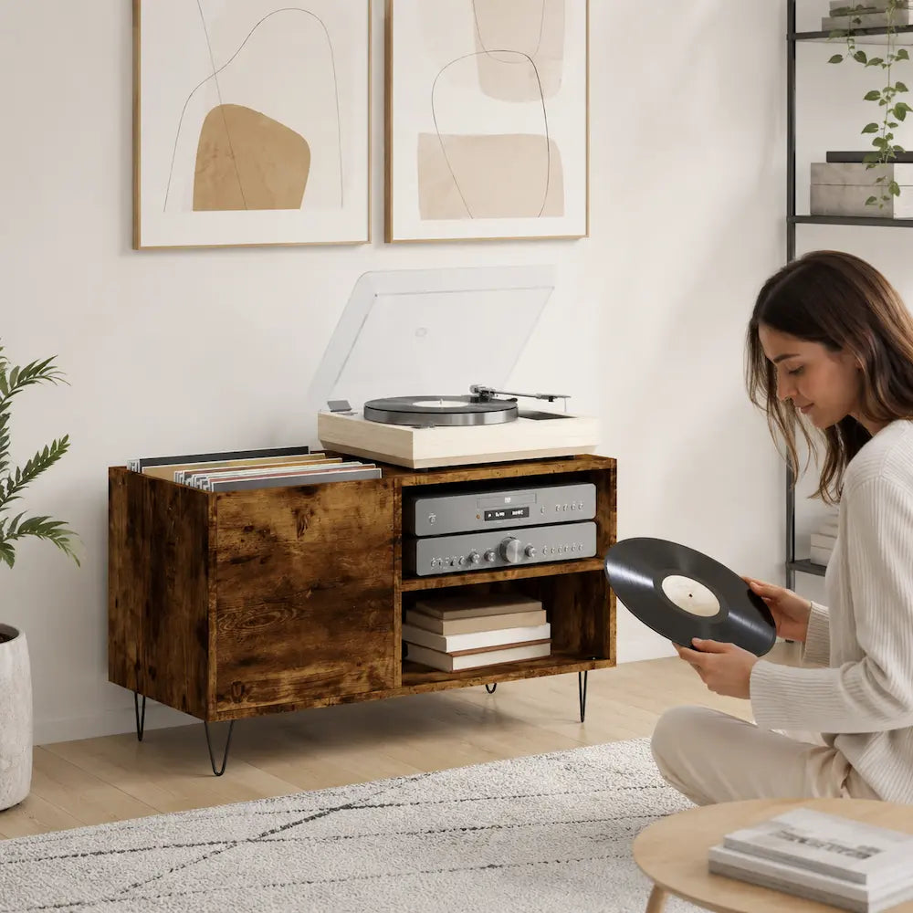 Meuble pour platine et disques vinyles couleur chêne fumé