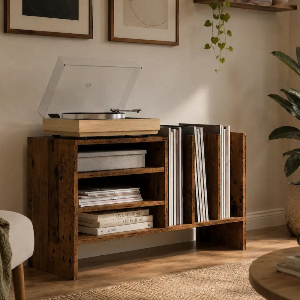 Meuble vinyle pour platine - Bois ancien - 78,5 x 35 x 45 cm