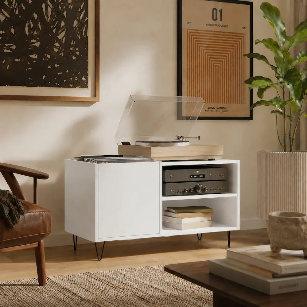 Meuble vinyle pour platine - Bois blanc - 85 x 38 x 48 cm