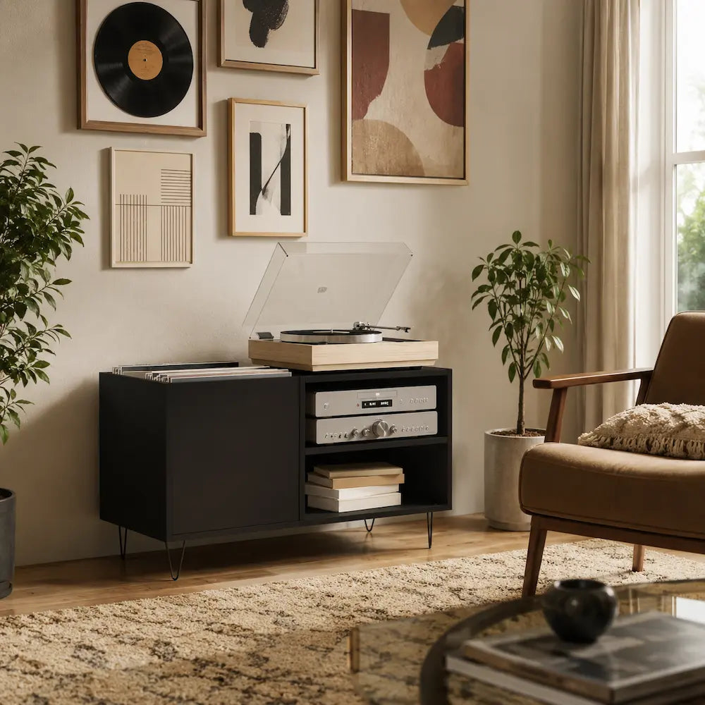 Meuble vinyle pour platine - Bois noir - 85 x 38 x 48 cm