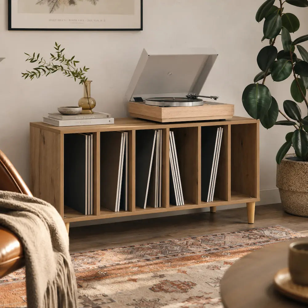 Meuble vinyle pour platine - Chêne artisanal - 100 x 38 x 48 cm