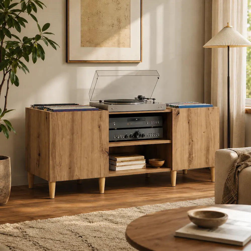 Meuble vinyle pour platine - Chêne artisanal - 121 x 38 x 48 cm