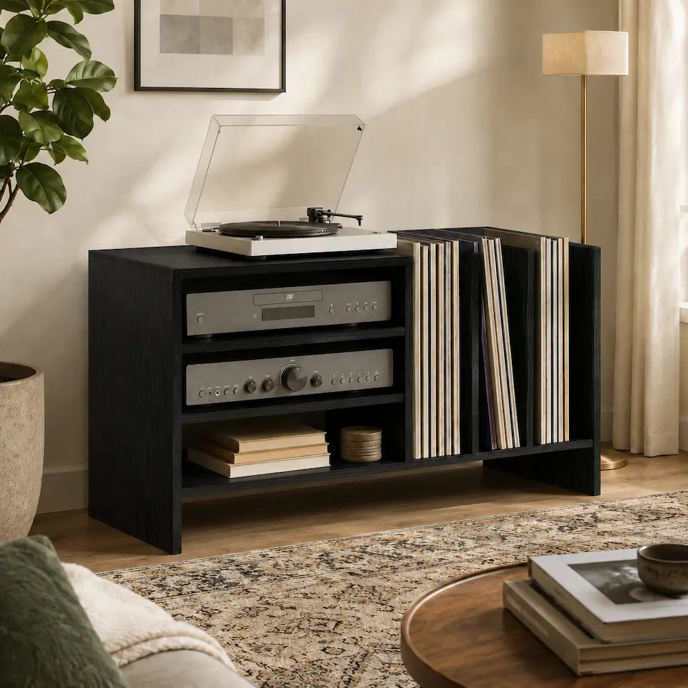 Meuble vinyle pour platine - Chêne noir - 78,5 x 35 x 45 cm