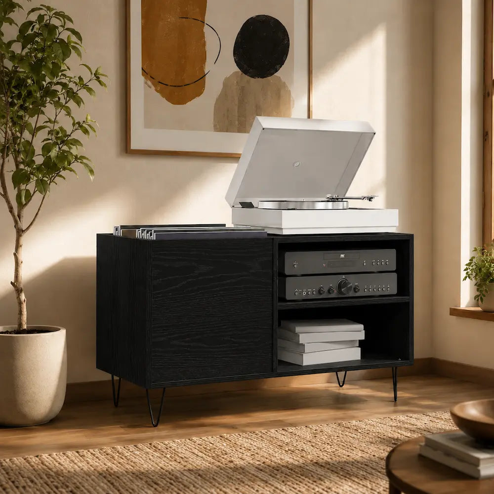 Meuble vinyle pour platine - Chêne noir - 84,5 x 38 x 48 cm
