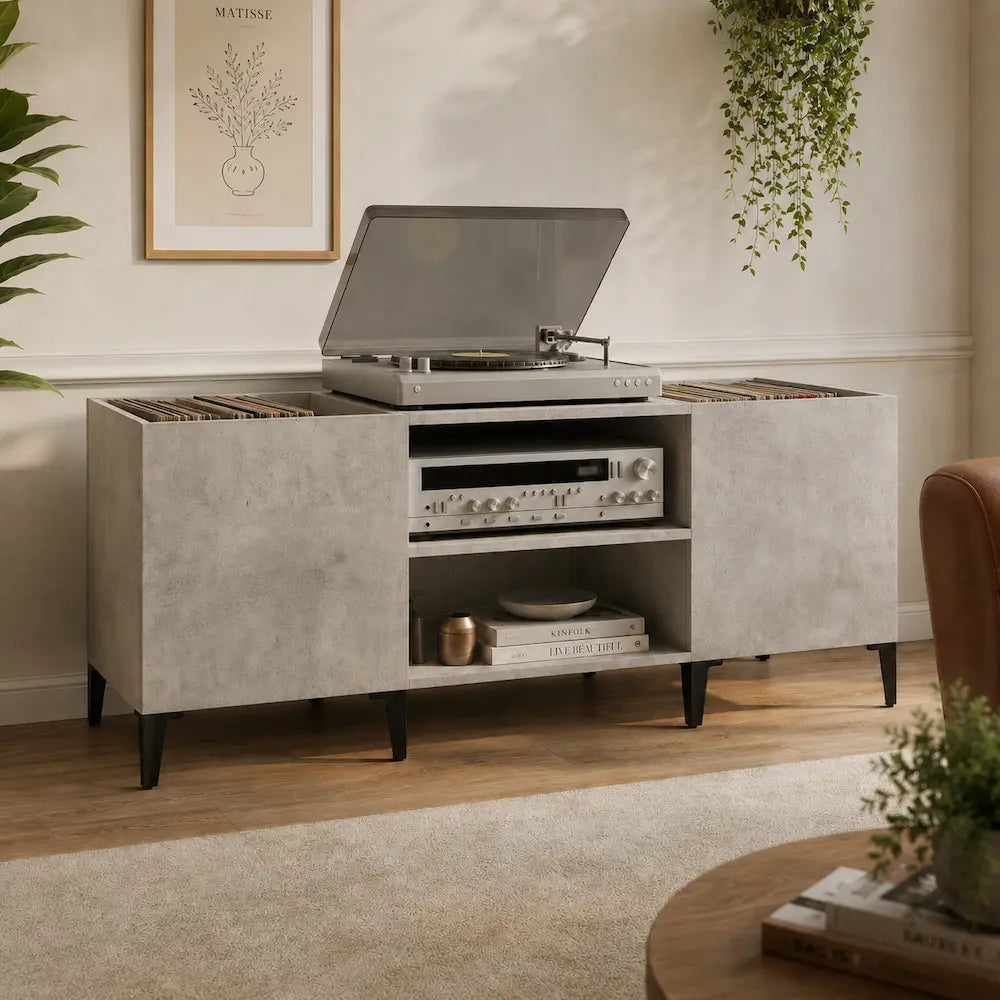 Meuble vinyle pour platine - Gris béton - 121 x 38 x 48 cm