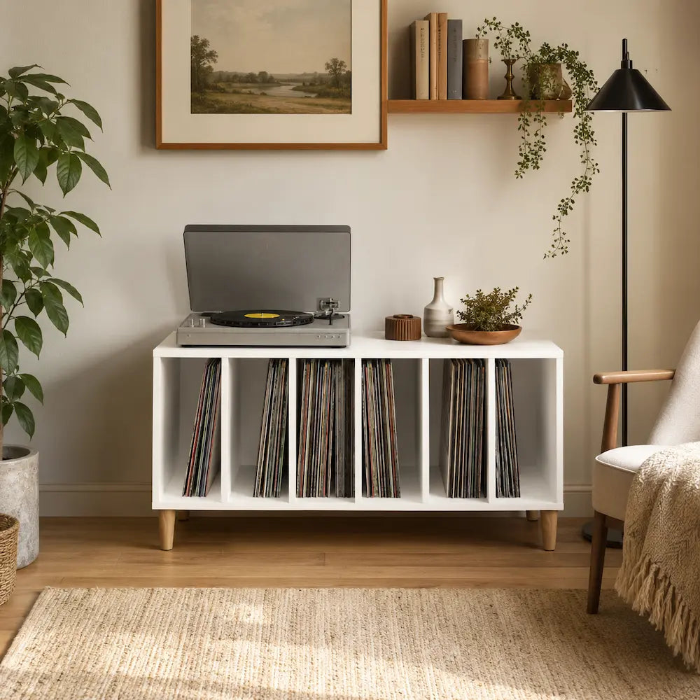 Meuble vinyle pour platine - Bois blanc - 100 x 38 x 48 cm