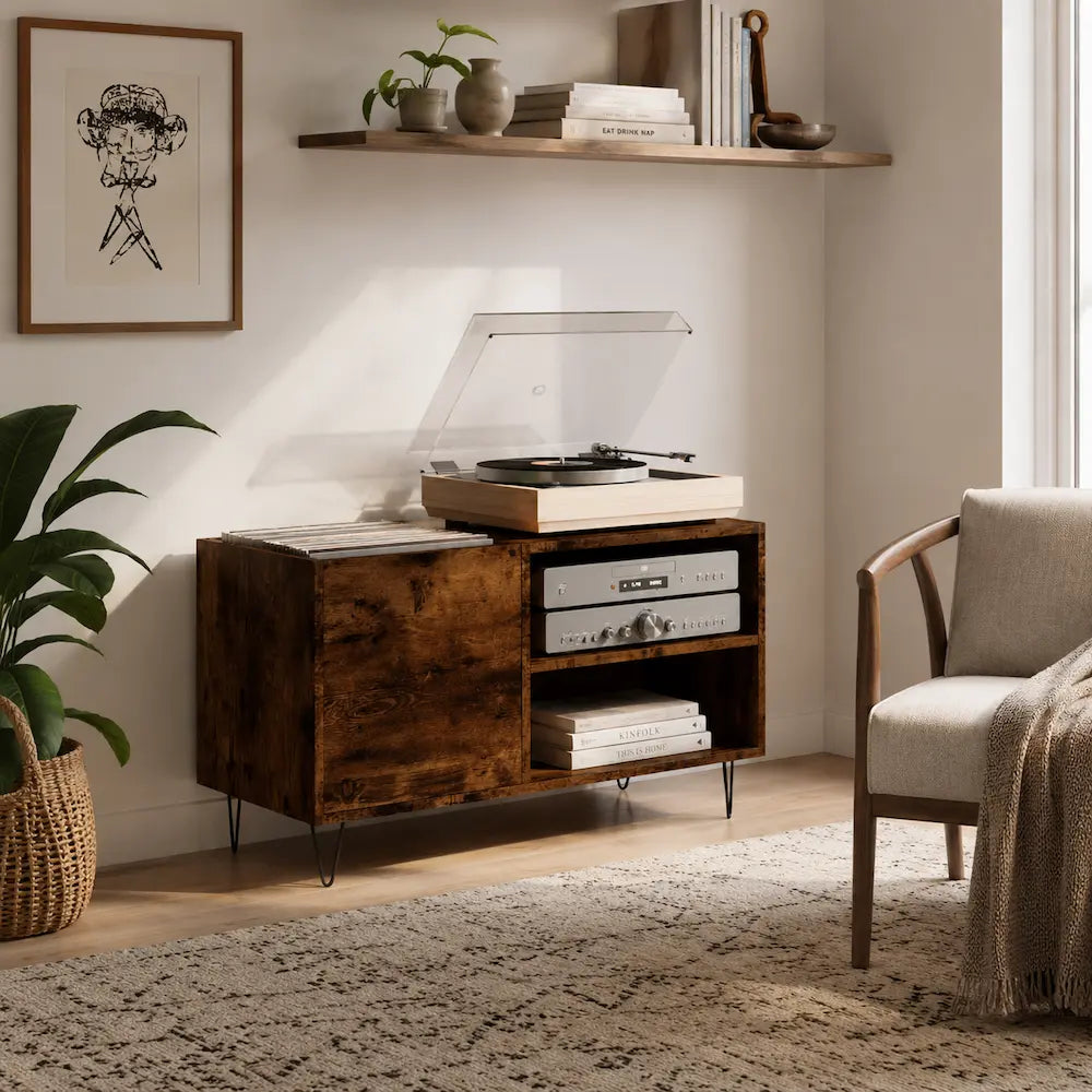 Meuble pour platine et vinyles couleur bois foncé fumé