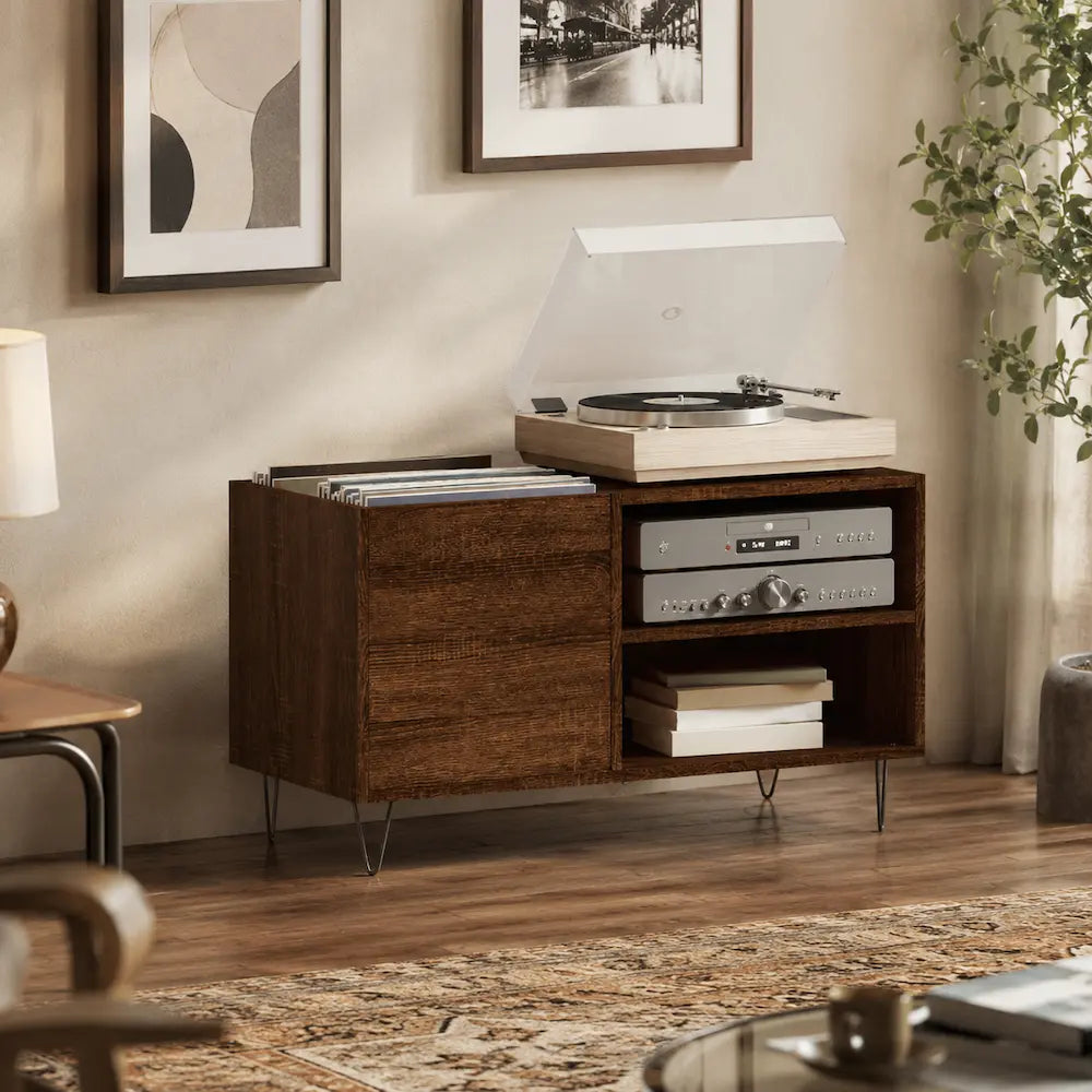Meuble vintage pour disques vinyles et platine bois foncé