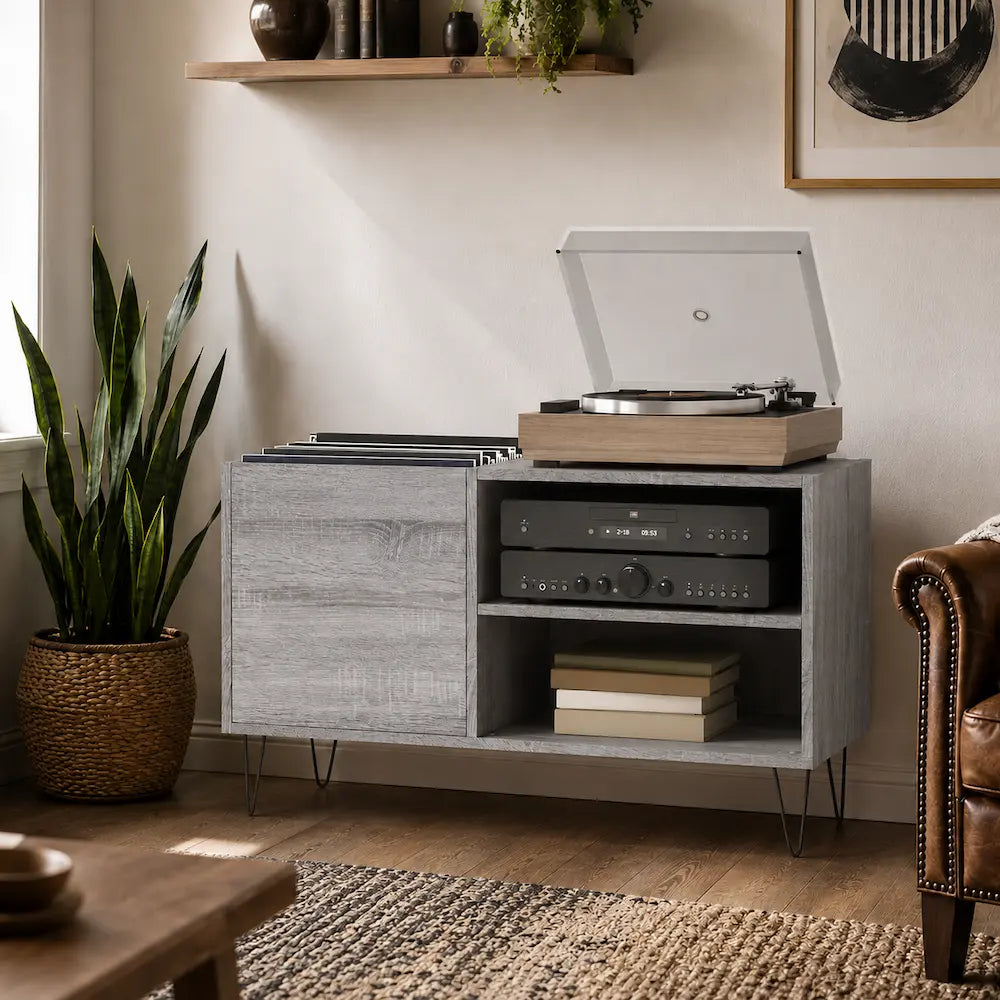 Meuble pour platine et vinyles couleur gris en bois