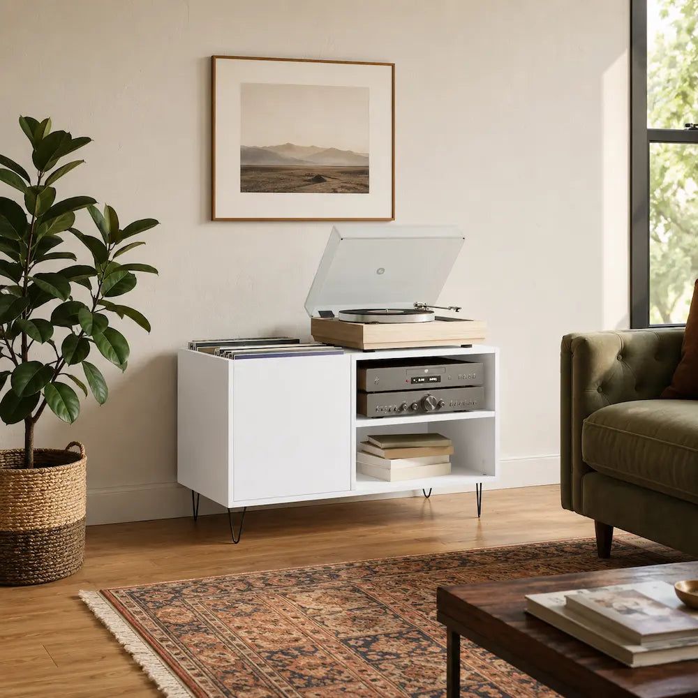 Meuble vinyle pour platine - Bois blanc - 85 x 38 x 48 cm