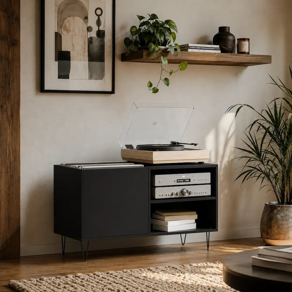 Meuble vinyle pour platine - Bois noir - 85 x 38 x 48 cm