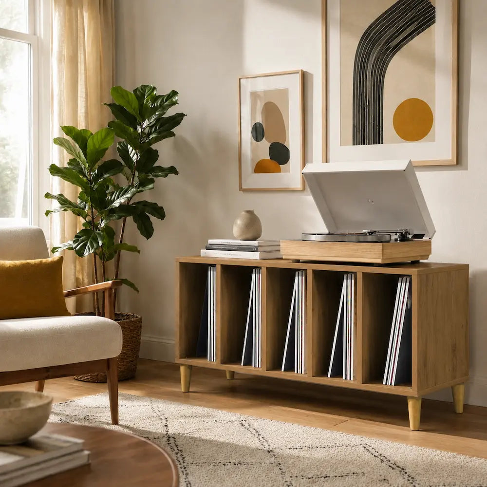 Meuble vinyle pour platine - Chêne artisanal - 100 x 38 x 48 cm