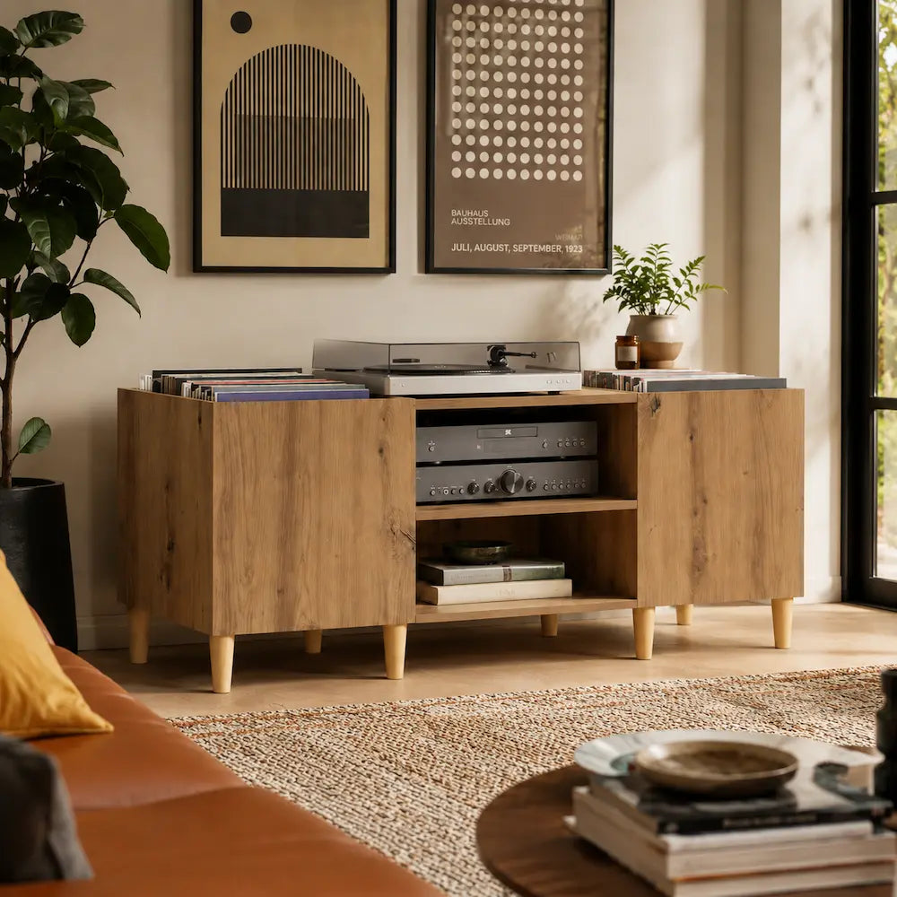 Meuble vinyle pour platine - Chêne artisanal - 121 x 38 x 48 cm