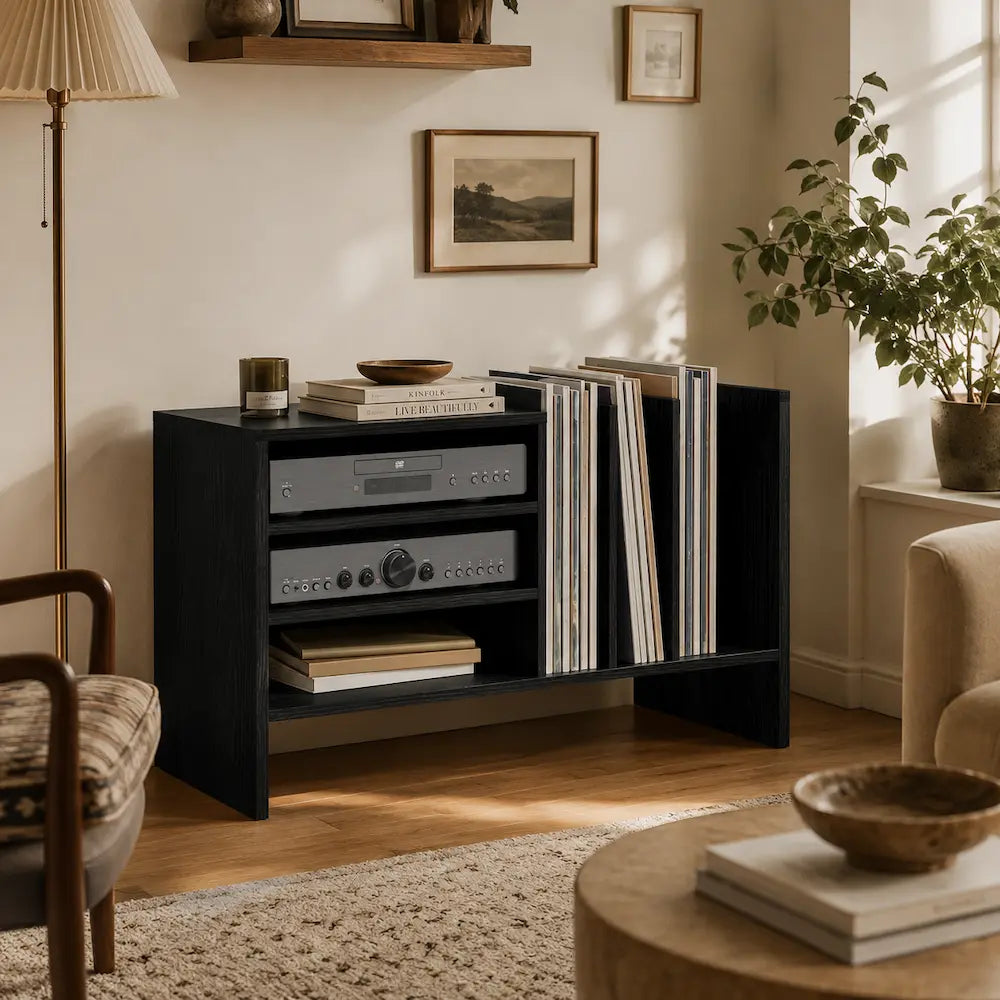 Meuble vinyle pour platine - Chêne noir - 78,5 x 35 x 45 cm