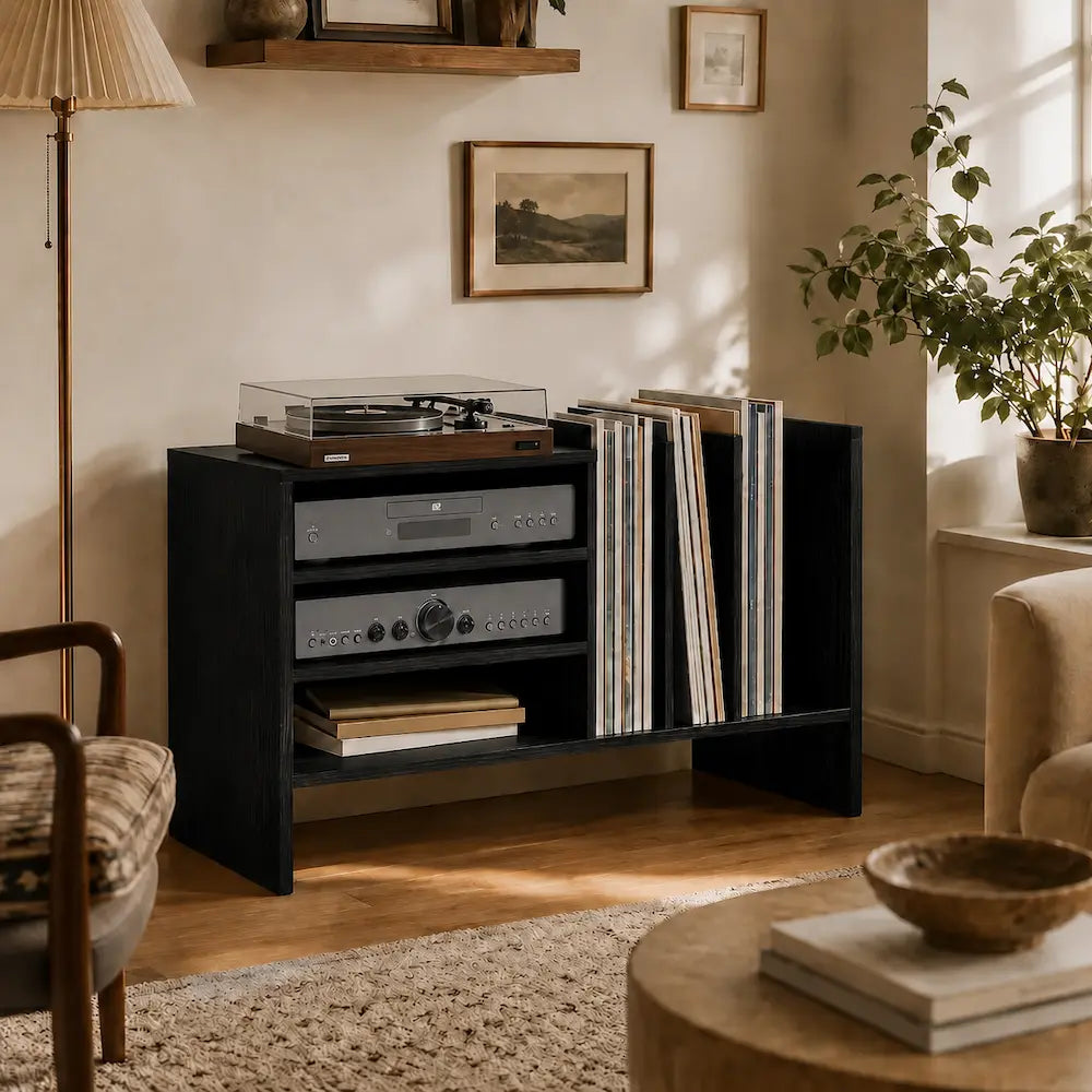 Meuble vinyle pour platine - Chêne noir - 78,5 x 35 x 45 cm