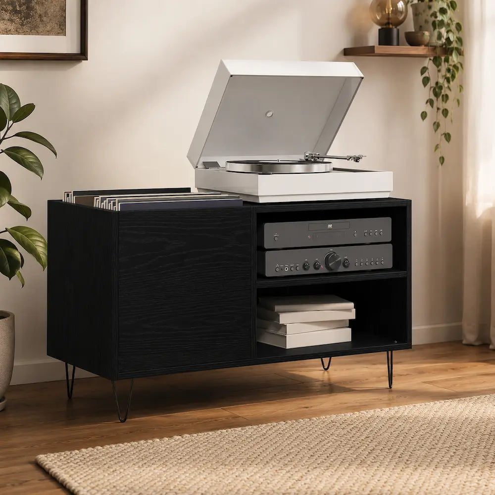 Meuble vinyle pour platine - Chêne noir - 84,5 x 38 x 48 cm