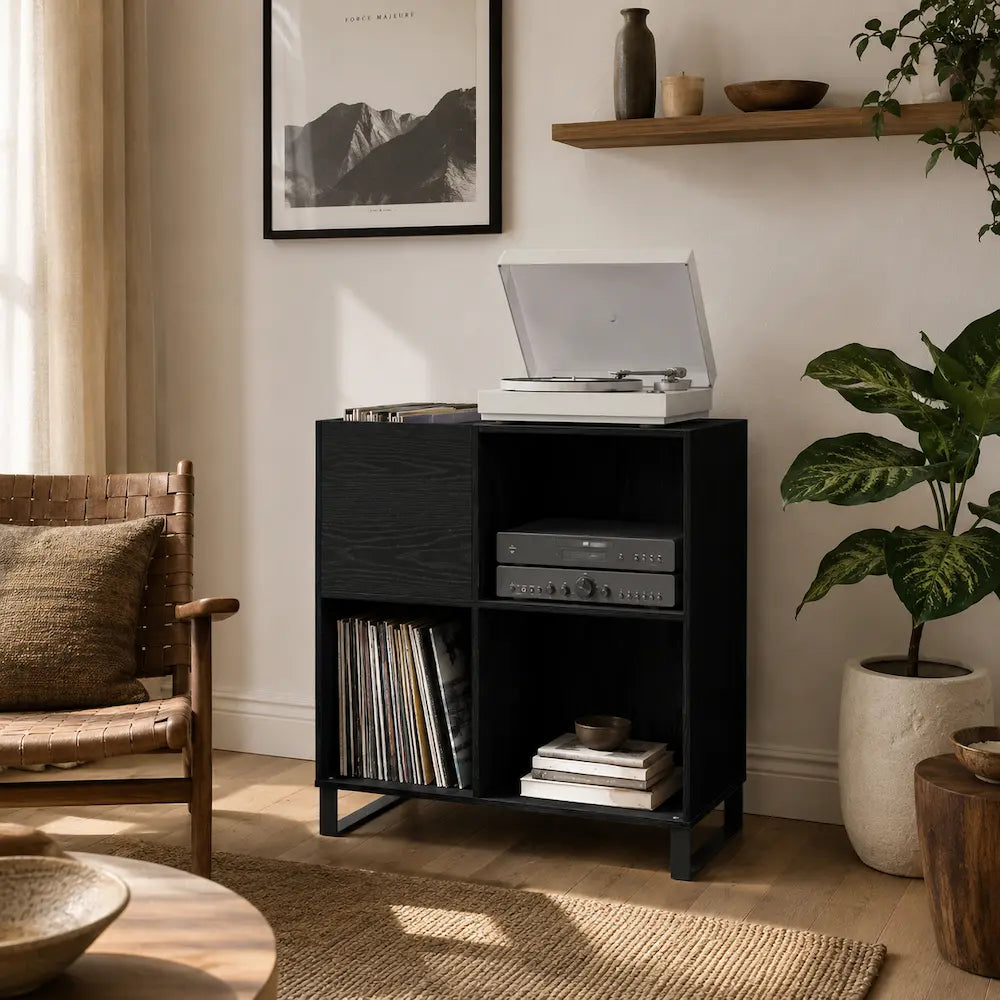 Meuble vinyle pour platine - Chêne noir - 85 x 38 x 89 cm