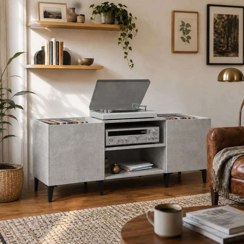 Meuble vinyle pour platine - Gris béton - 121 x 38 x 48 cm