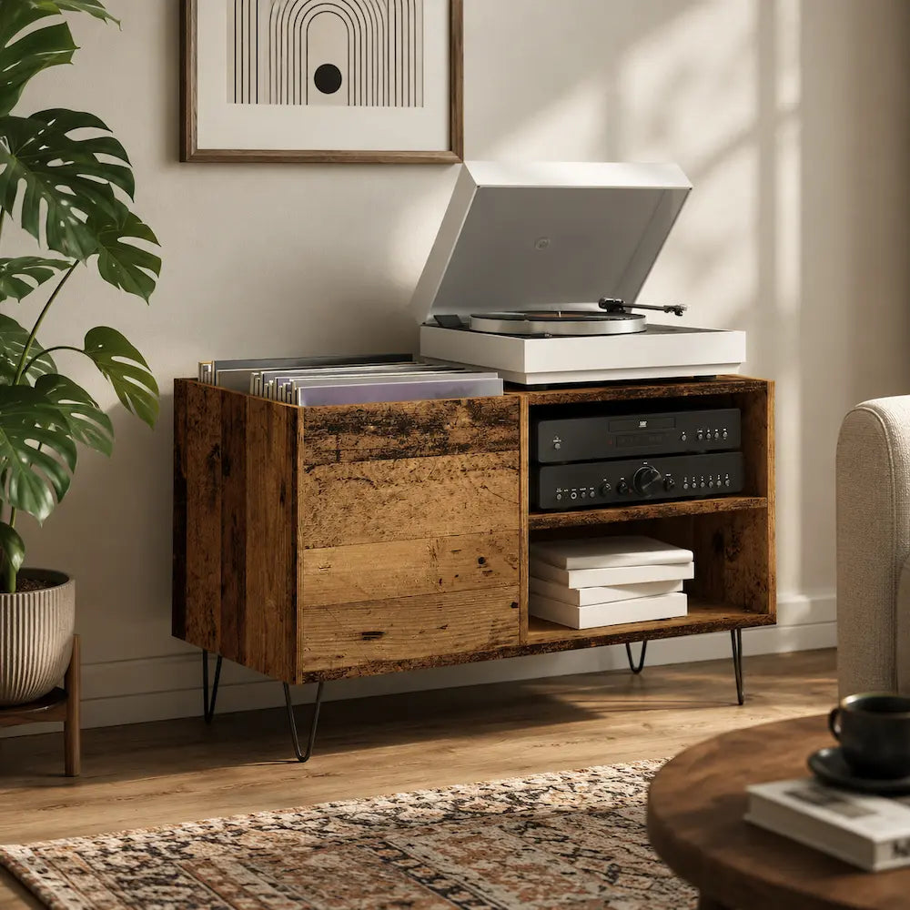 Meuble vinyle pour platine - Vieux bois - 84,5 x 38 x 48 cm