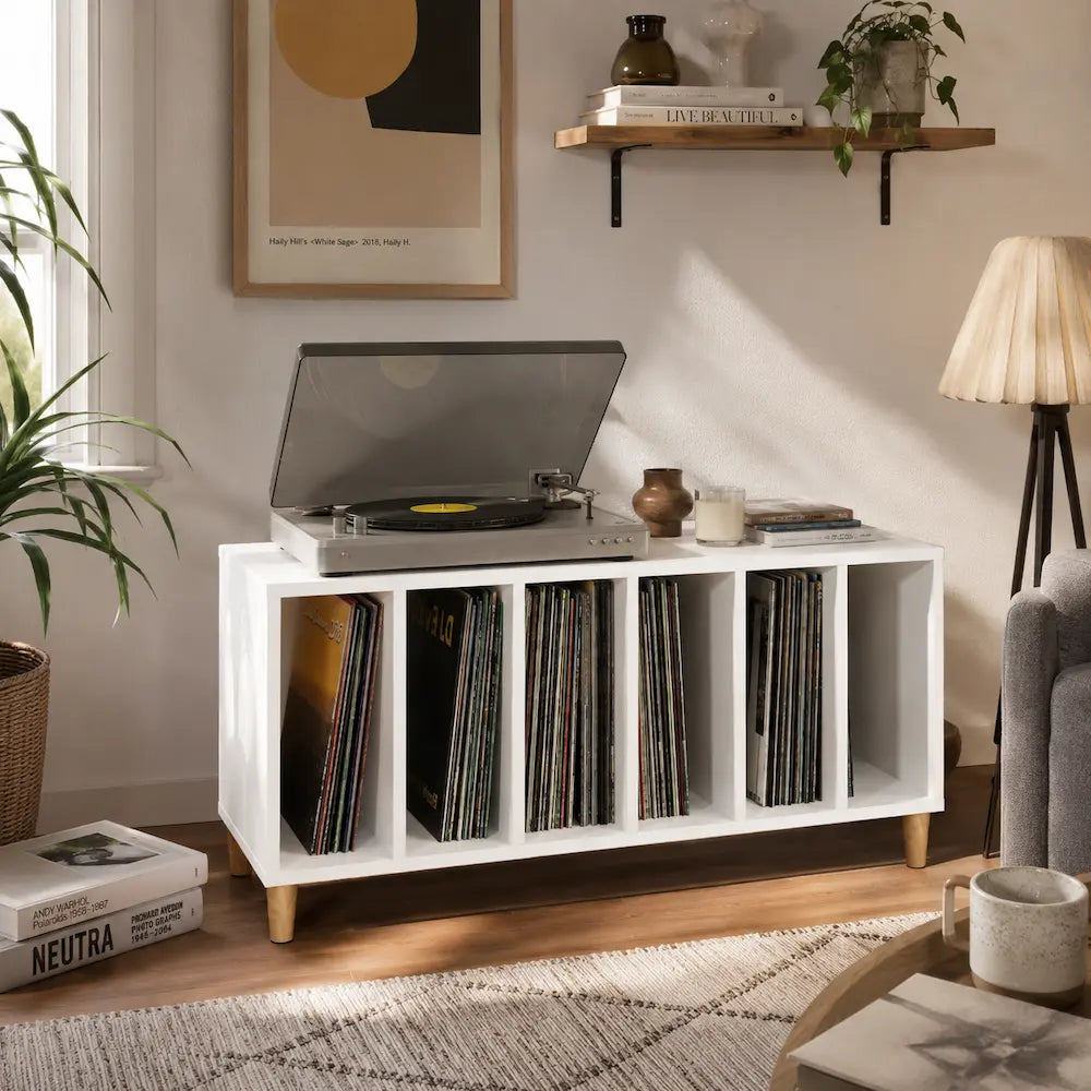 Meuble vinyle pour platine - Bois blanc - 100 x 38 x 48 cm