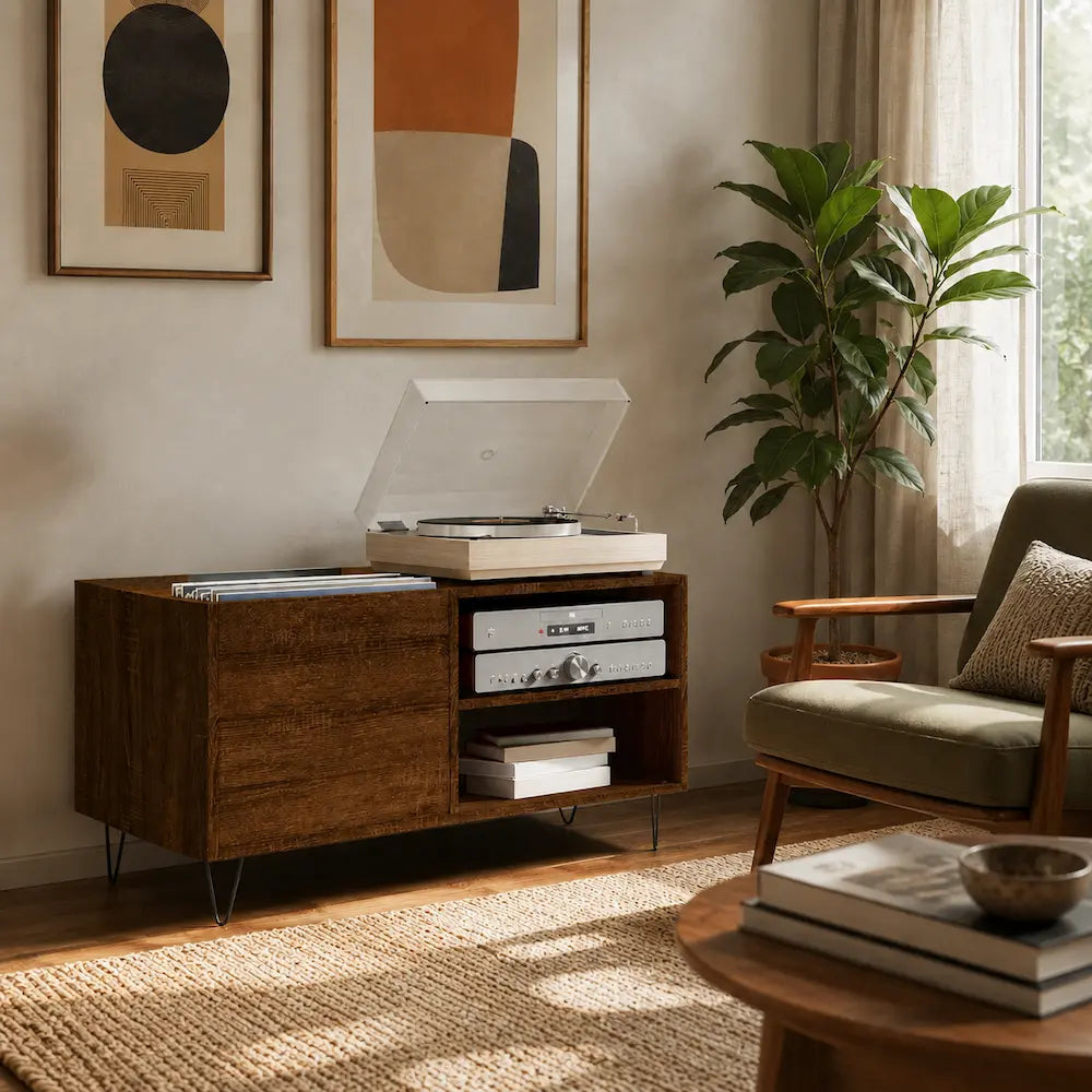 Meuble vinyle pour platine - Chêne marron - 85 x 38 x 48 cm