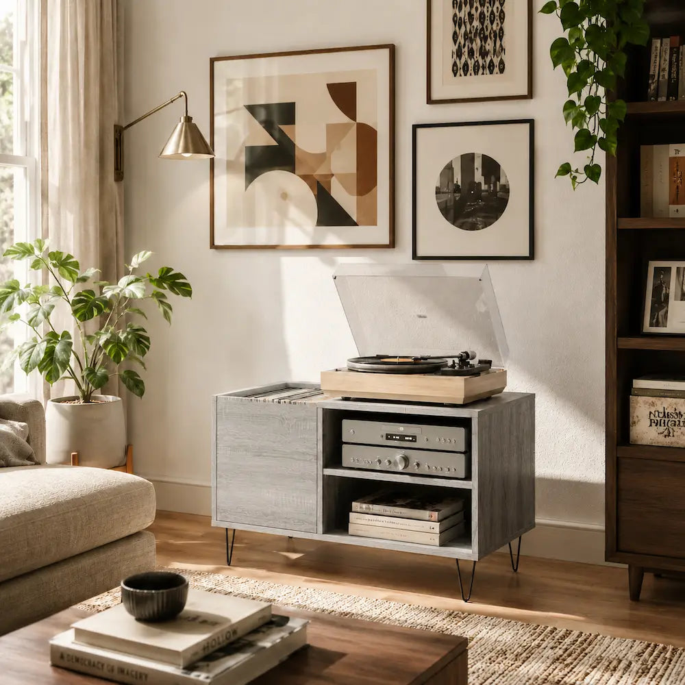 Meuble vinyle pour platine - Gris sonoma - 85 x 38 x 48 cm