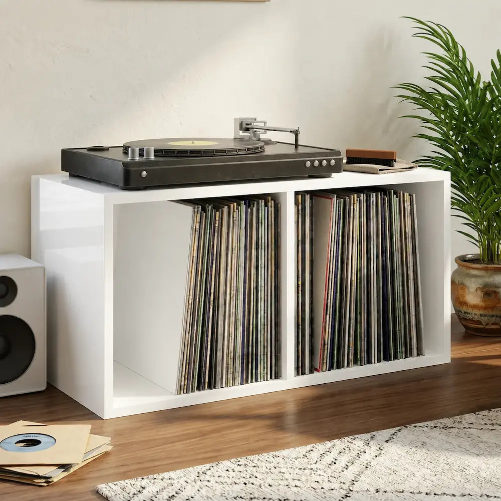 Meuble vinyle pour platine - Bois blanc brillant - 71 x 34 x 36 cm