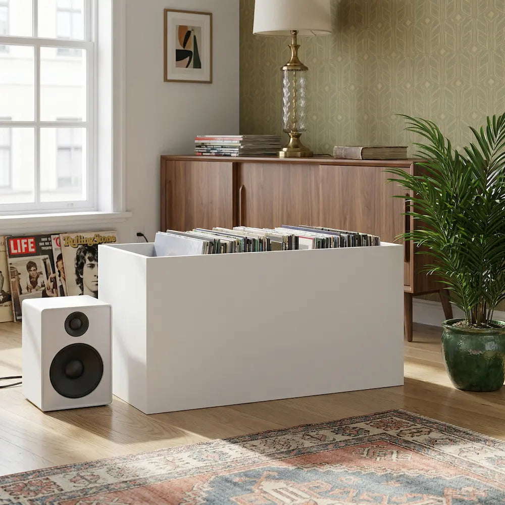 meuble bac à rangement vinyle en bois blanc aux dimensions 71 x 34 x 36 cm