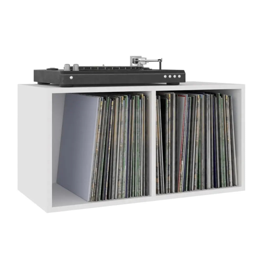 meuble vinyle en bois blanc aux dimensions 71 x 34 x 36 cm sur fond blanc