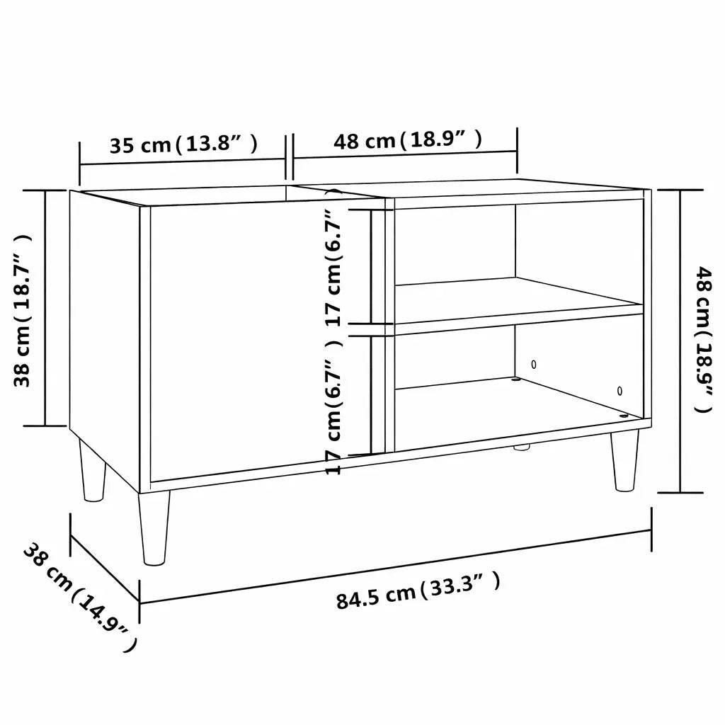 dimensions de meuble vinyle en bois couleur gris béton de dimension 84,5 x 38 x 48 cm sur fond blanc