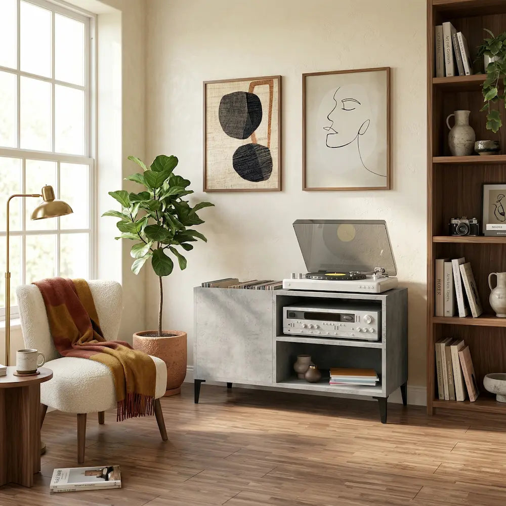 meuble vinyle en bois couleur gris béton de dimension 84,5 x 38 x 48 cm dans salon moderne vintage