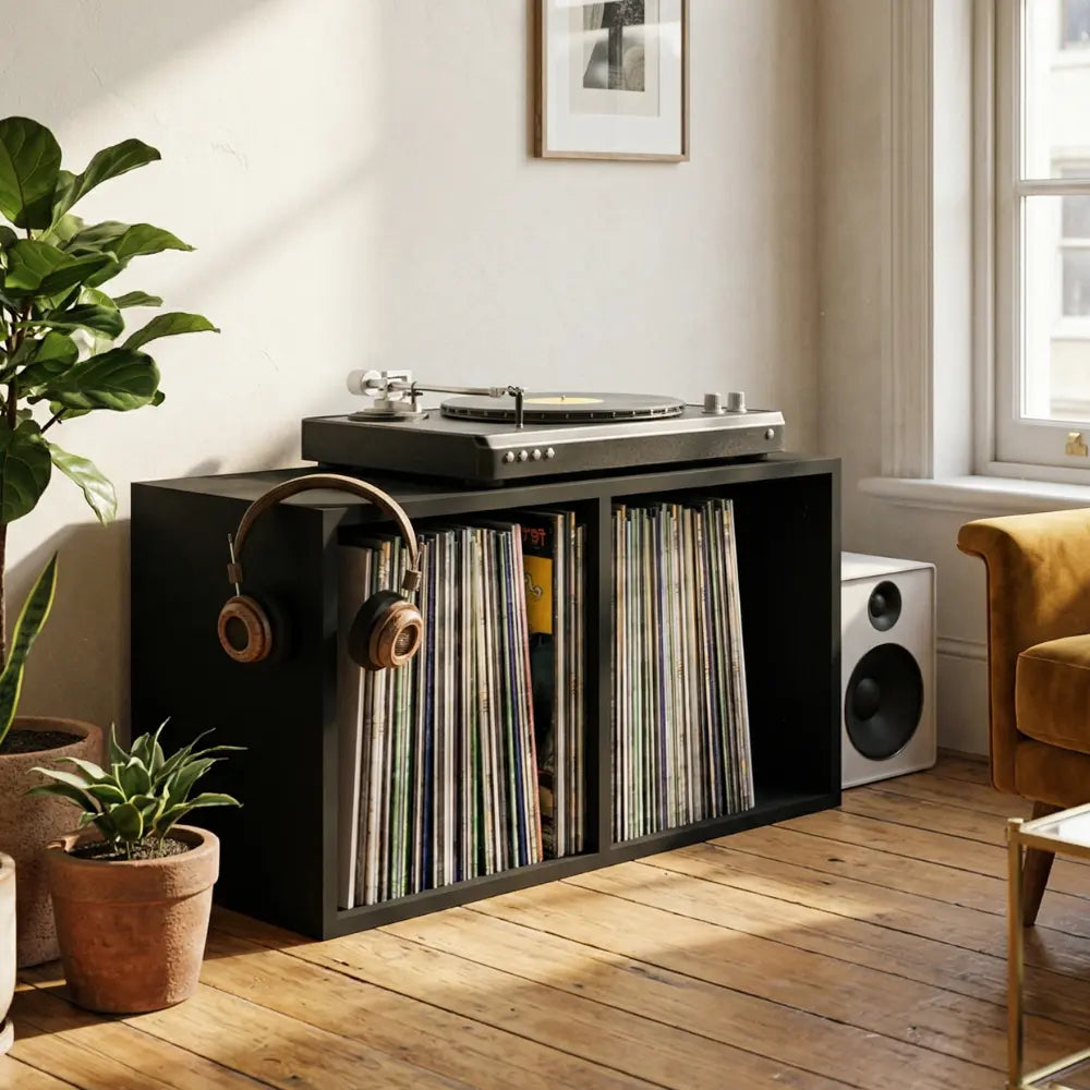 meuble vinyle noir en bois dans salon vintage