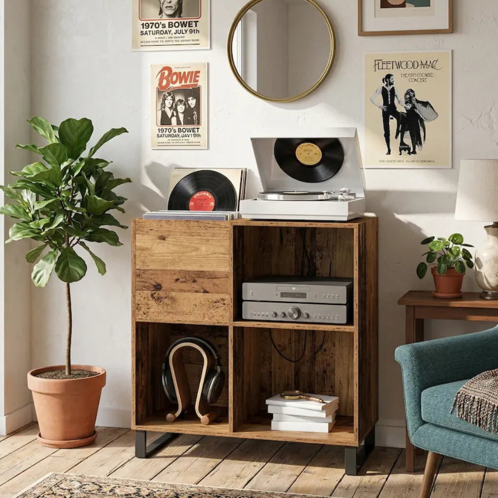 meuble vinyle en chêne artisanal avec dimensions 84,5 x 38 x 89 cm dans salon moderne