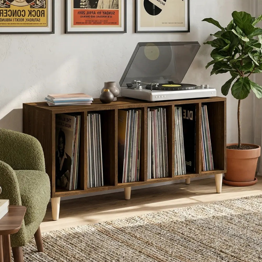 meuble vinyle en chêne marron aux dimensions 100x38x48 cm dans salon design