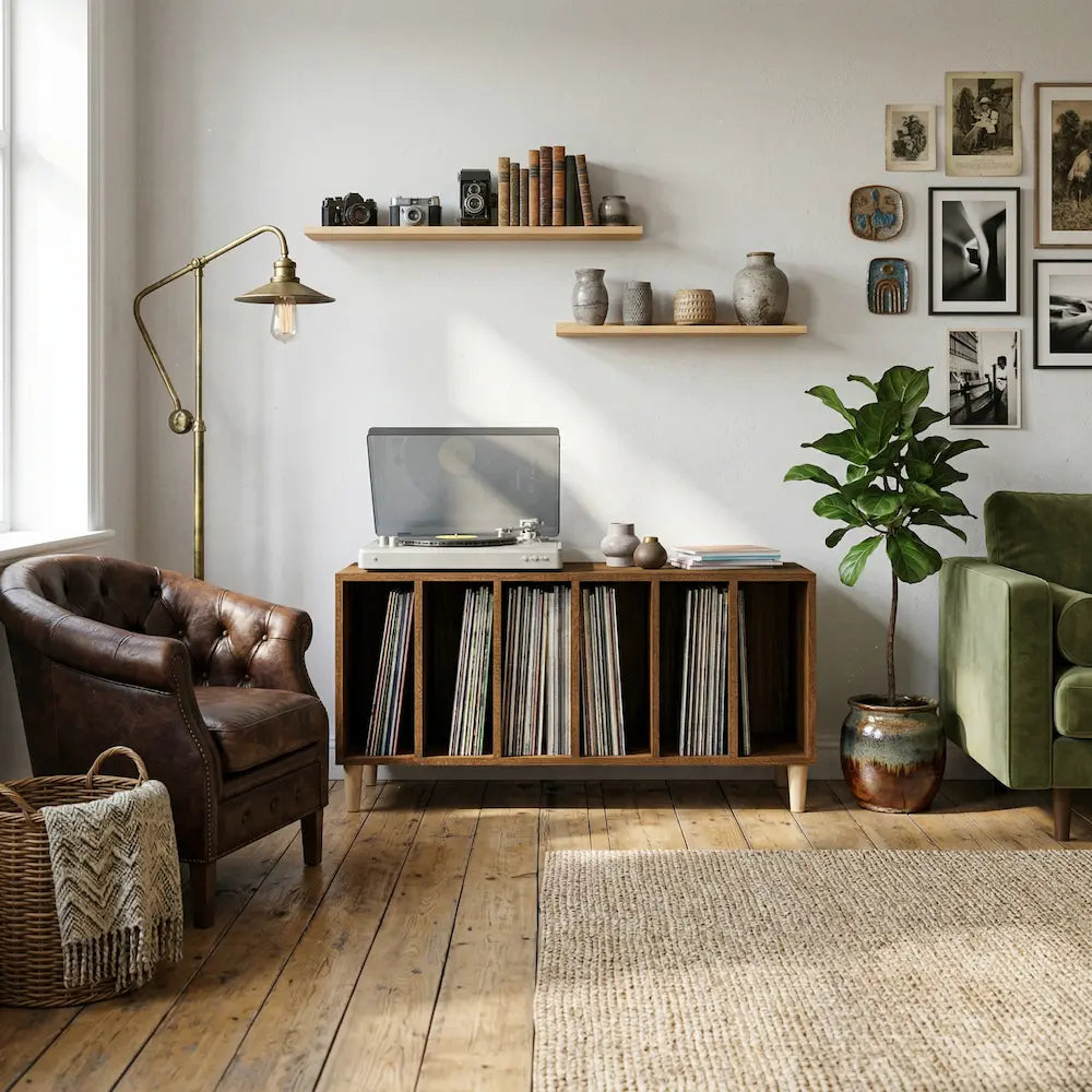 meuble vinyle en chêne marron aux dimensions 100x38x48 cm sur fond blanc dans salon moderne vintage