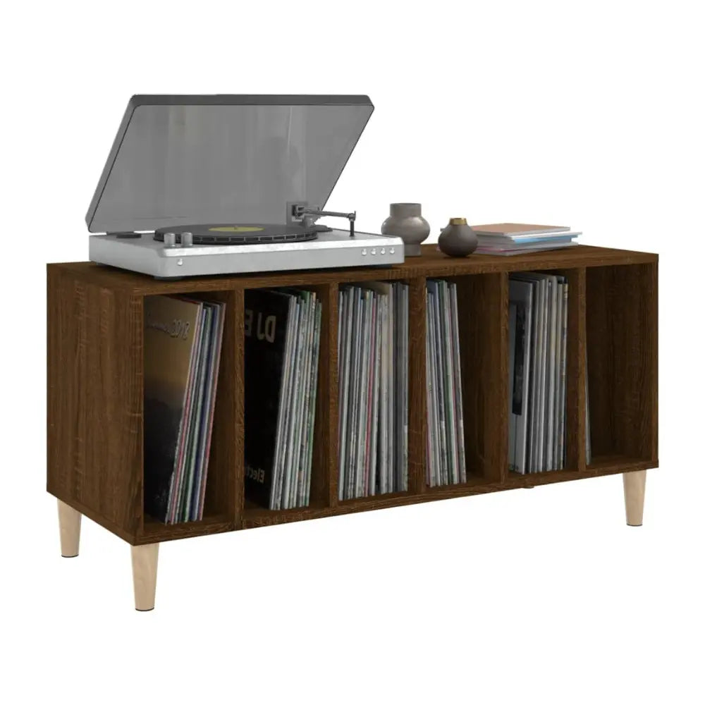 meuble vinyle en chêne marron aux dimensions 100x38x48 cm sur fond blanc