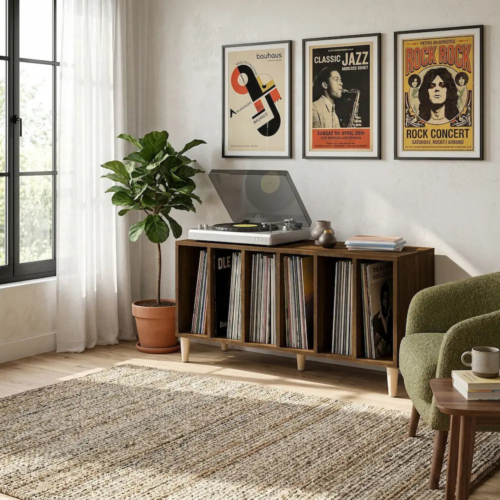meuble vinyle en chêne marron aux dimensions 100x38x48 cm sur fond blanc dans salon vintage