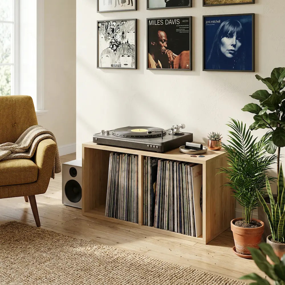 meuble vinyle en chêne sonoma aux dimensions 71 x 34 x 36 cm dans salon moderne vintage
