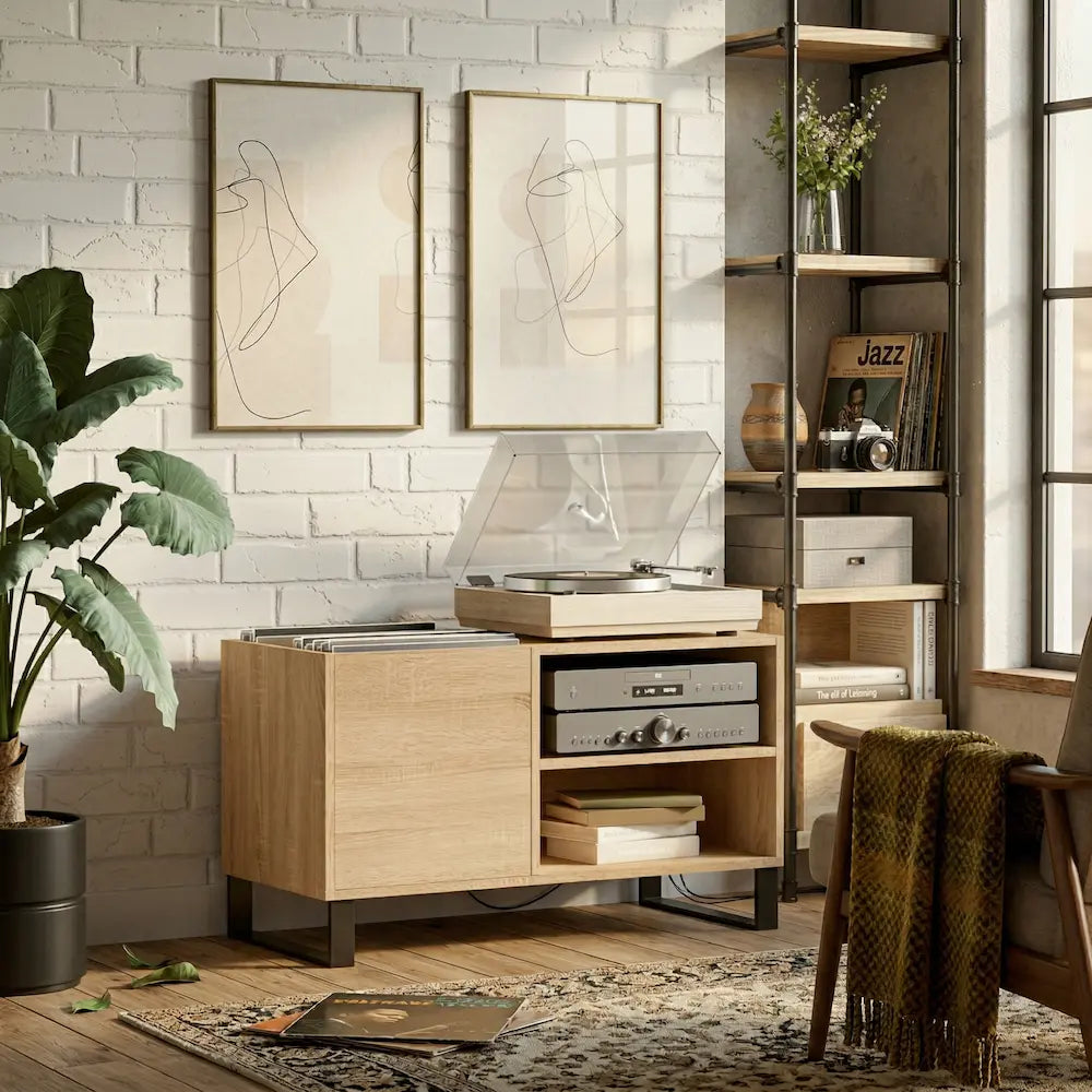 meuble vinyle en chêne sonoma avec dimensions 85 x 38 x 48 cm dans salon moderne vintage