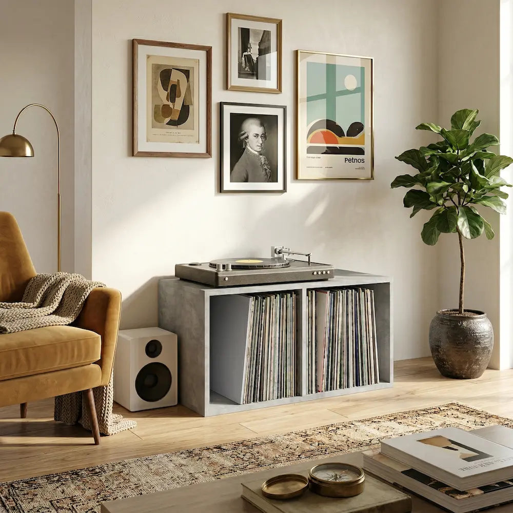 meuble vinyle couleur gris béton de dimensions 71 x 34 x 36 cm dans salon moderne vintage
