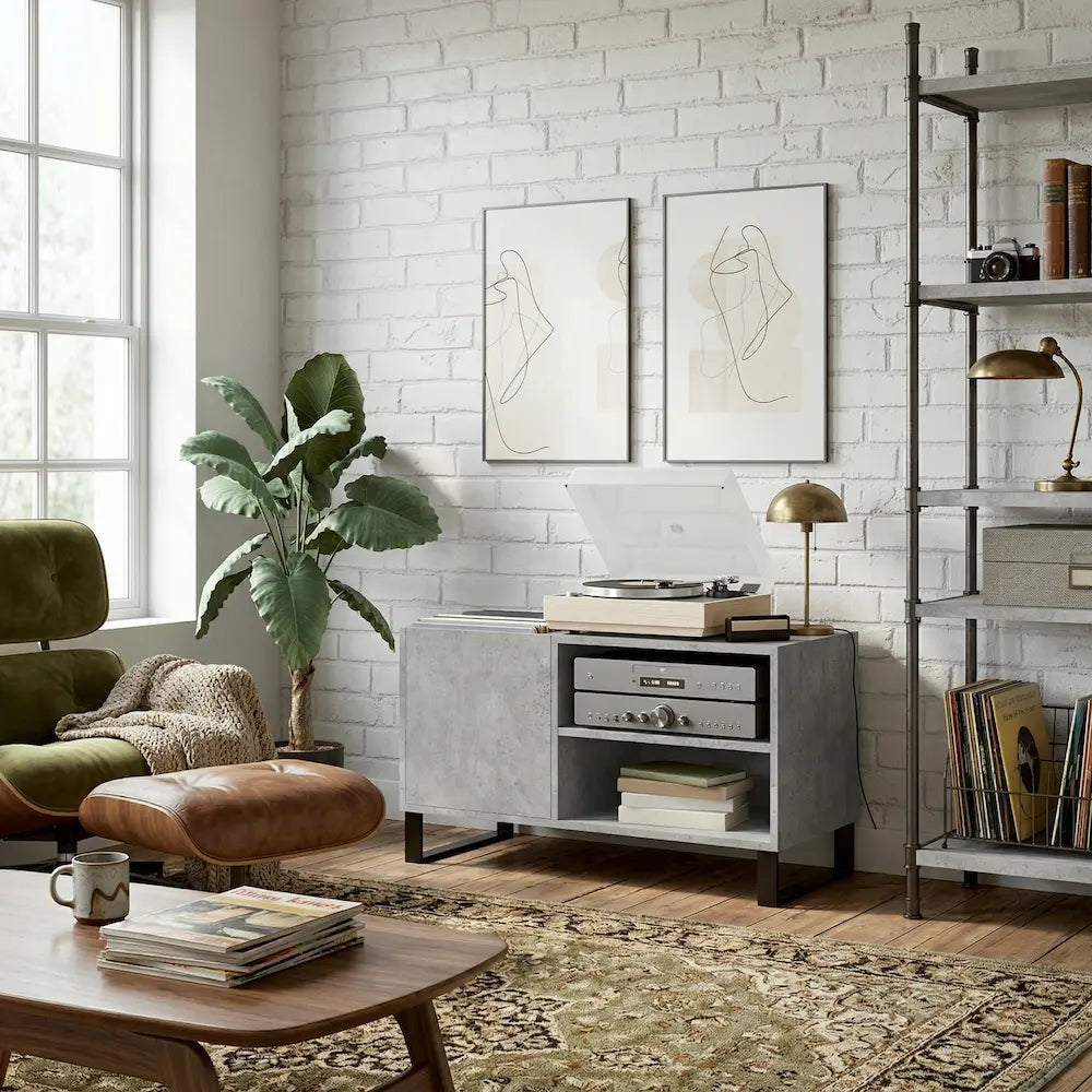 meuble vinyle gris béton avec dimensions 85 x 38 x 48 cm dans salon moderne vintage