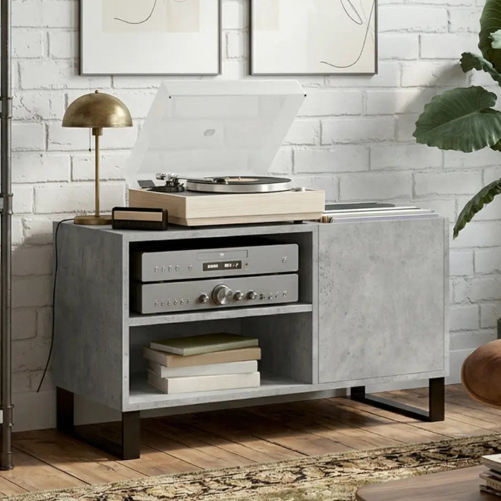 meuble vinyle gris béton avec dimensions 85 x 38 x 48 cm dans salon