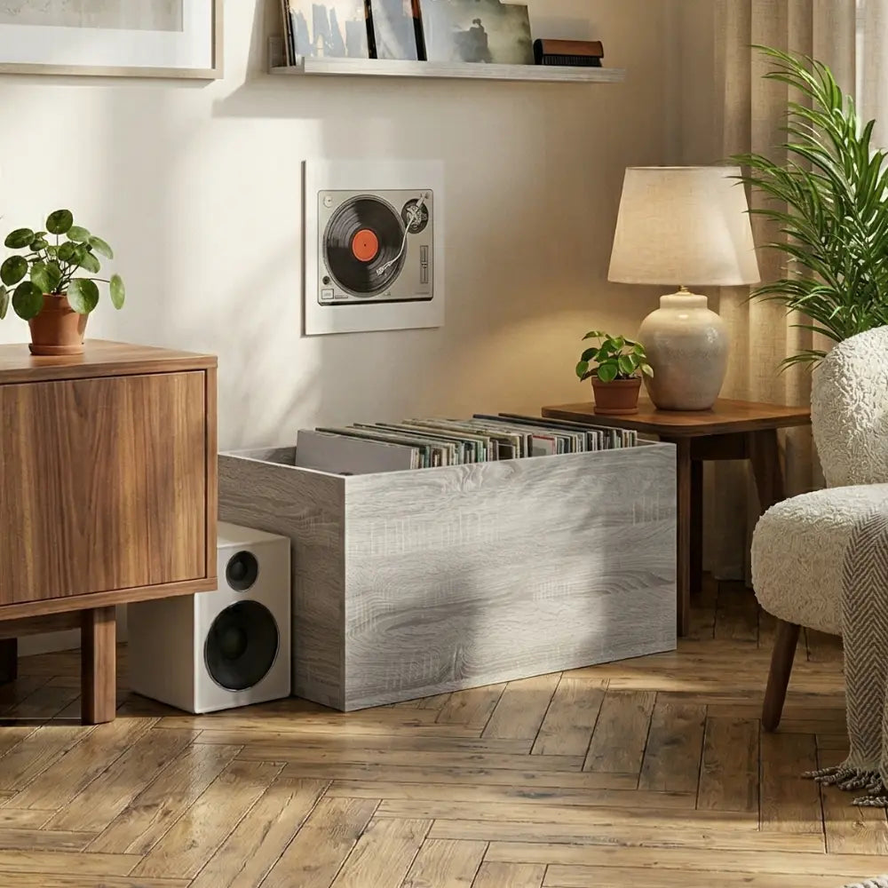 bac rangement meuble vinyle gris salon
