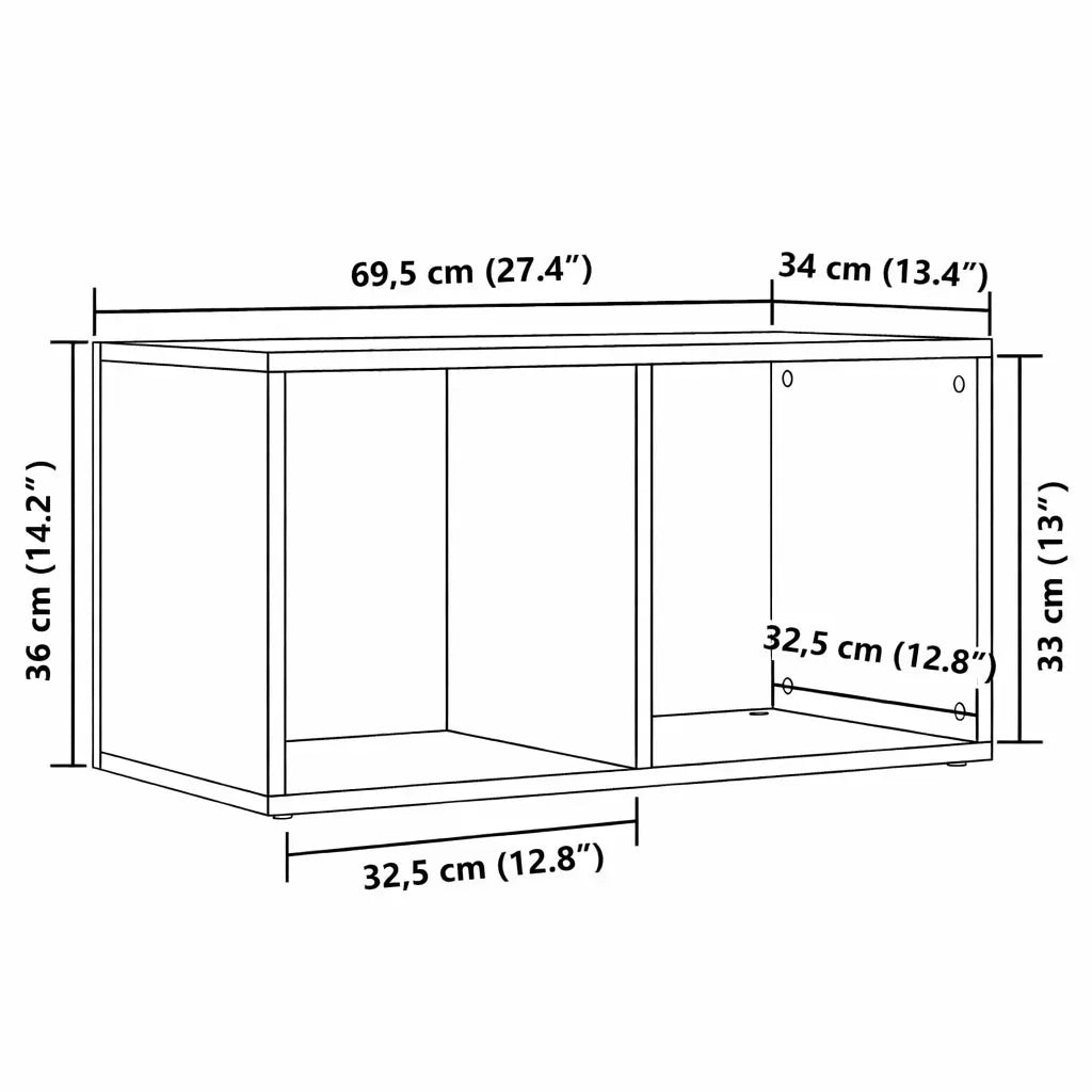 dimensions de meuble vinyle en vieux bois de dimension 69,5x34x36 cm sur fond blanc