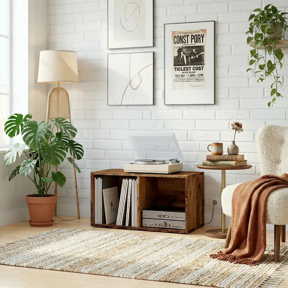 meuble vinyle en vieux bois de dimension 69,5x34x36 cm dans salon moderne vintage