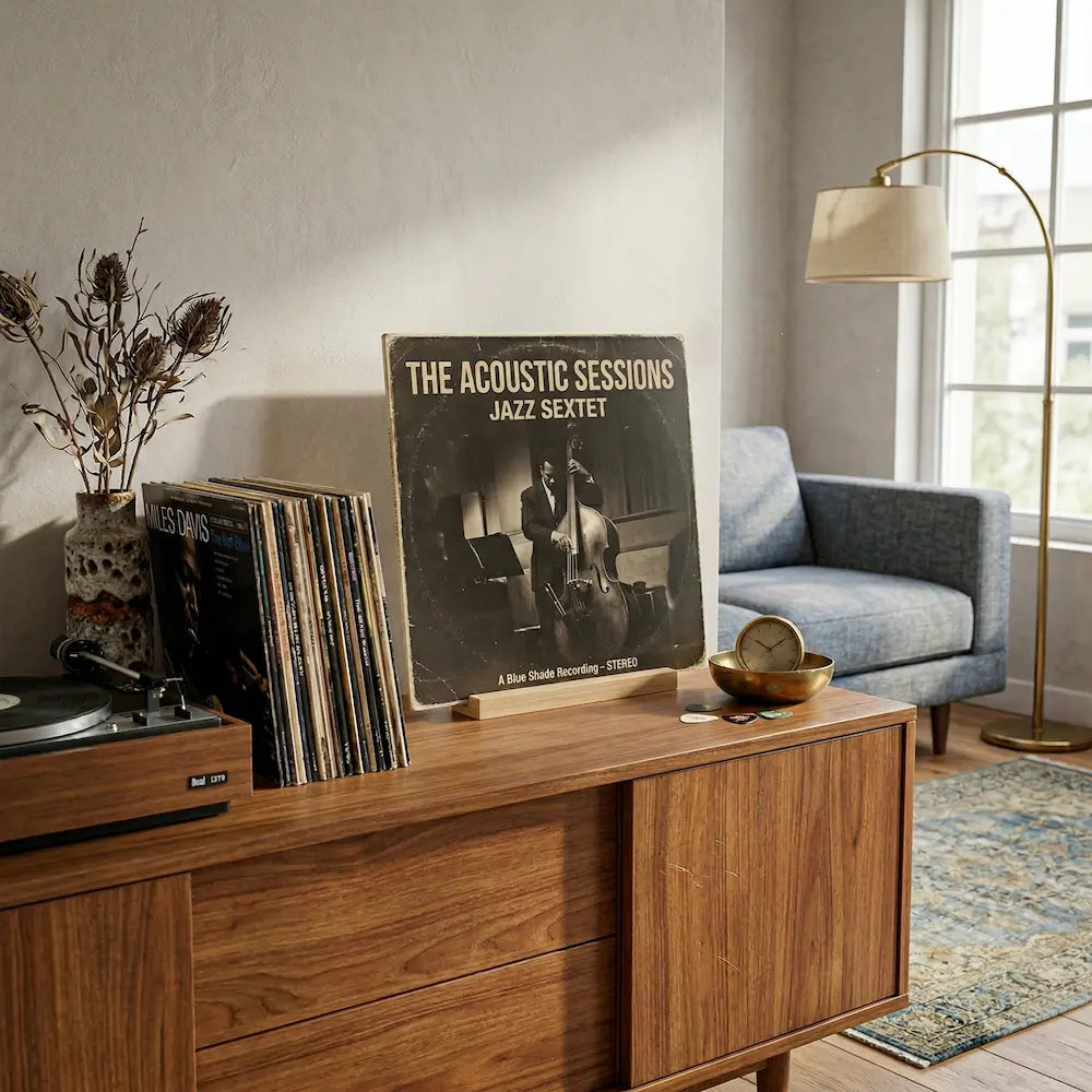 rangement présentoir pour disque vinyle en bois et métal de couleur marron clair sur commode vintage