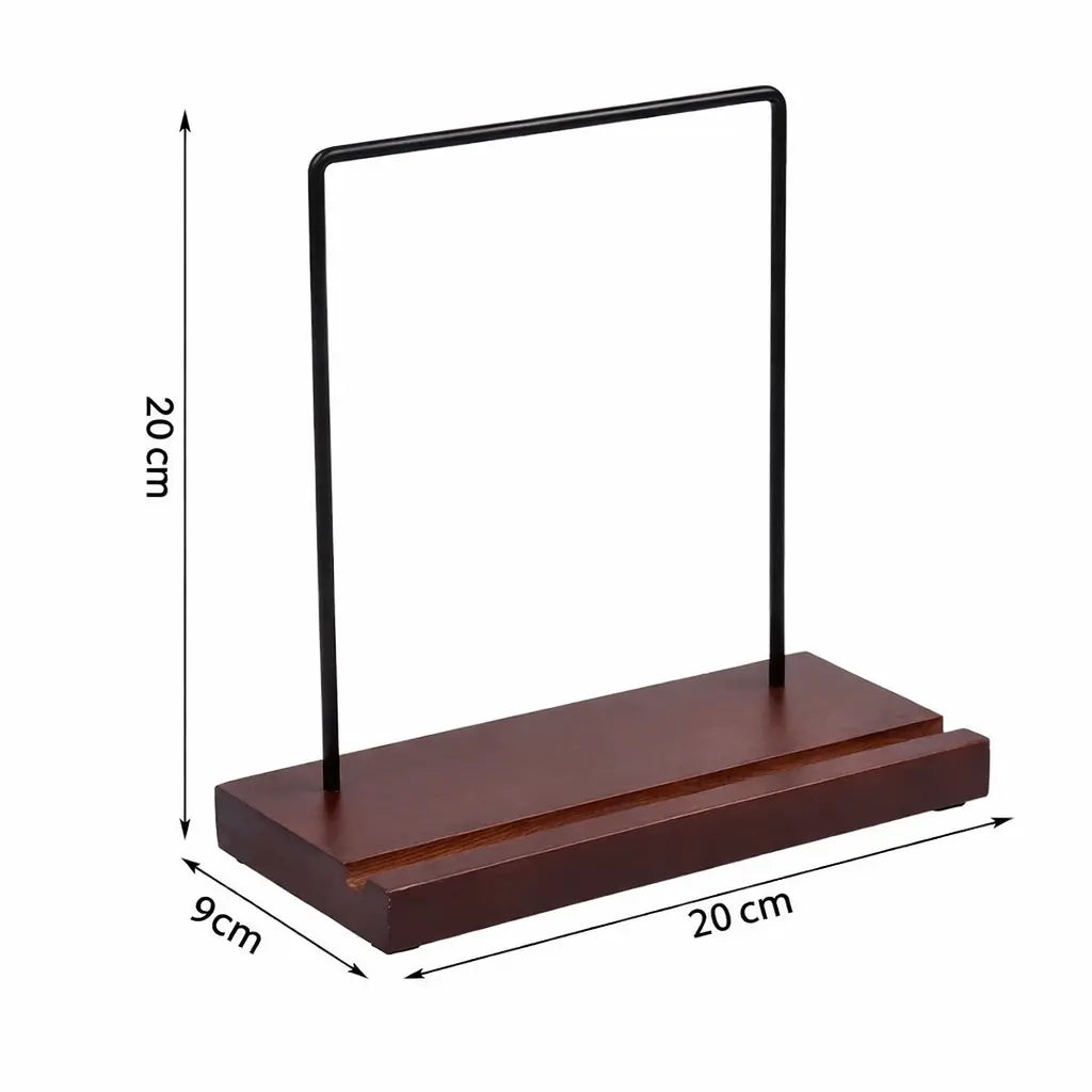 dimensions de rangement présentoir pour disque vinyle en bois et métal de couleur marron foncé sur fond blanc
